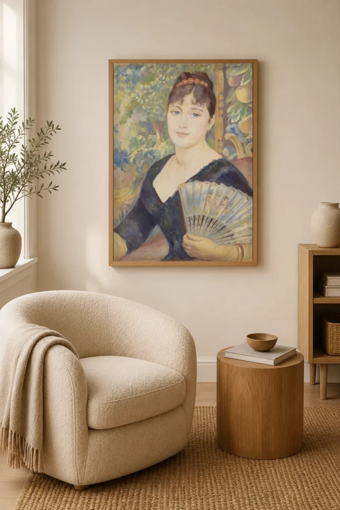 Framed print of Woman with Fan (Femme à l’éventail) hanging on a wall in a furnished room