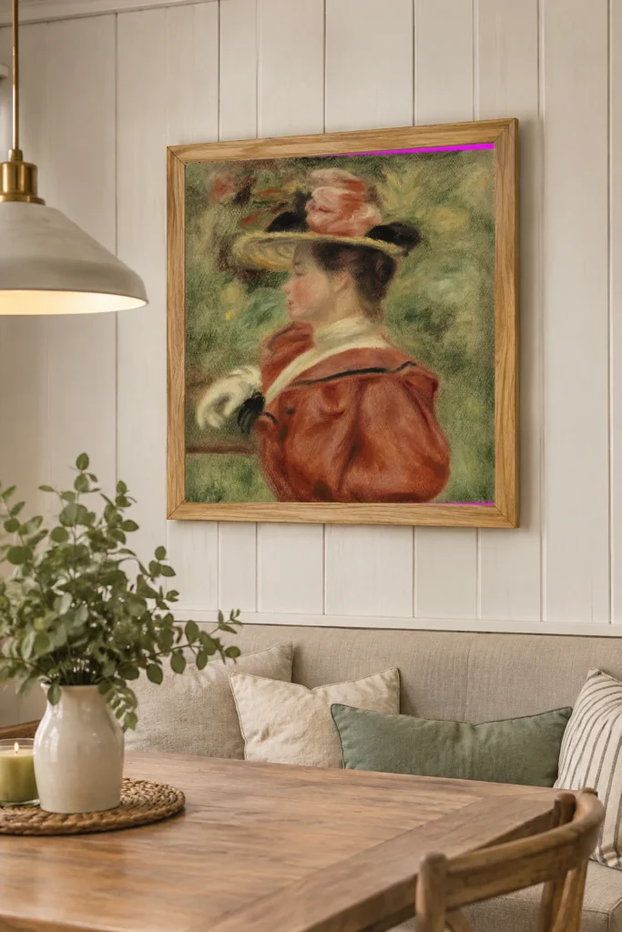 Framed print of Woman with Glove (Femme au gant) hanging on a wall in a furnished room