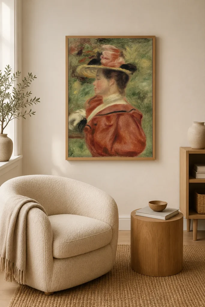 Framed print of Woman with Glove (Femme au gant) hanging on a wall in a furnished room