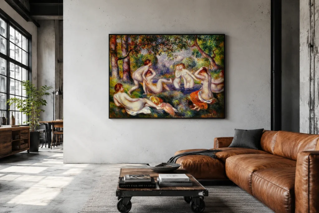 Framed print of Bathers in the Forest (Baigneuses dans la forêt) hanging on a wall in a furnished room
