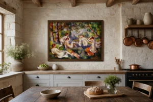Framed print of Bathers in the Forest (Baigneuses dans la forêt) hanging on a wall in a furnished room
