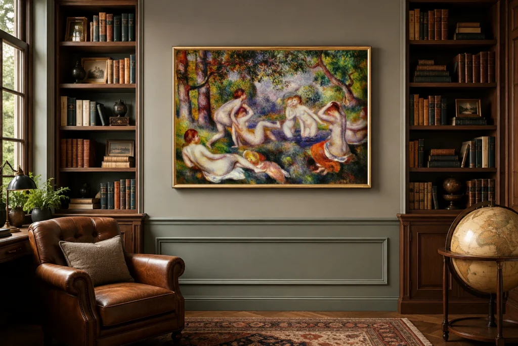Framed print of Bathers in the Forest (Baigneuses dans la forêt) hanging on a wall in a furnished room