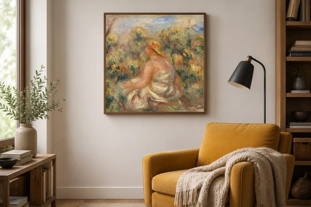 Framed print of Woman with Hat in a Landscape (Femme avec chapeau dans un paysage) hanging on a wall in a furnished room