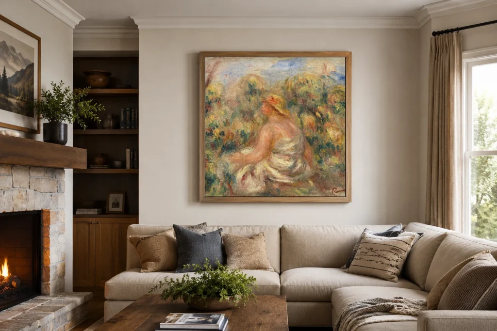 Framed print of Woman with Hat in a Landscape (Femme avec chapeau dans un paysage) hanging on a wall in a furnished room