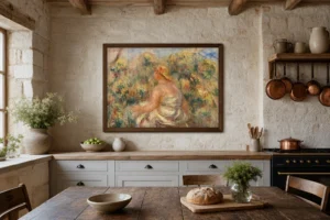 Framed print of Woman with Hat in a Landscape (Femme avec chapeau dans un paysage) hanging on a wall in a furnished room