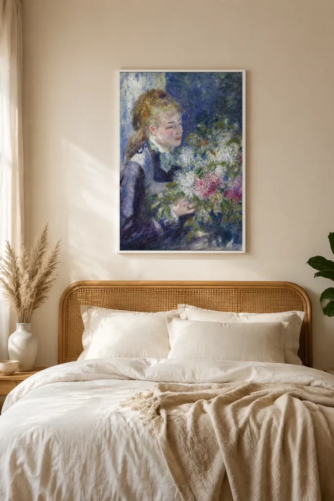 Framed print of Woman with Lilacs (Nini Lopez) hanging on a wall in a furnished room
