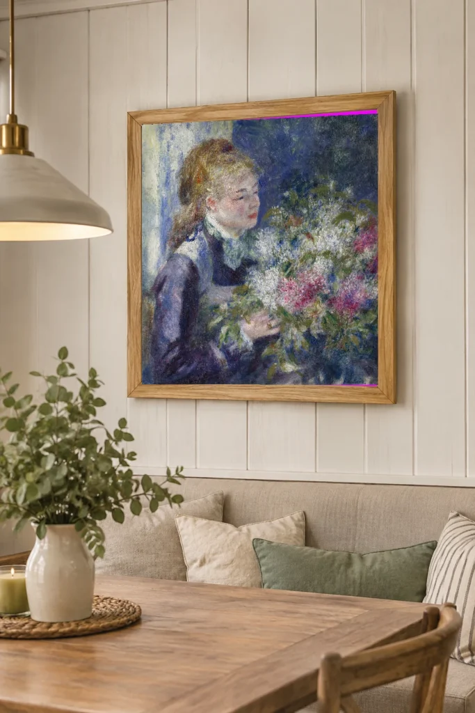 Framed print of Woman with Lilacs (Nini Lopez) hanging on a wall in a furnished room