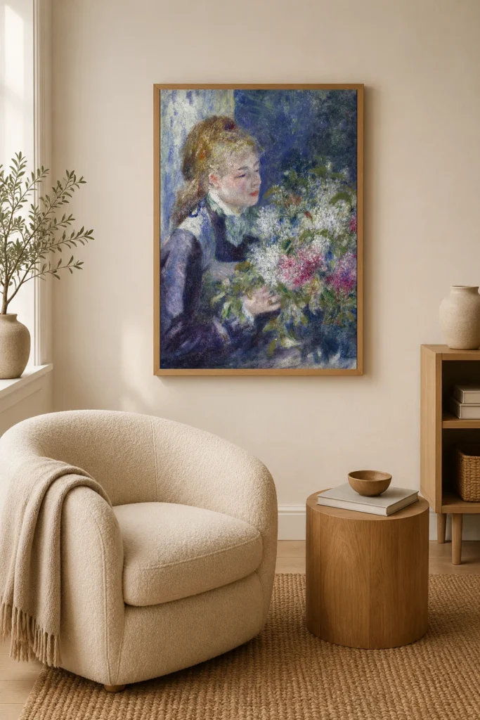 Framed print of Woman with Lilacs (Nini Lopez) hanging on a wall in a furnished room