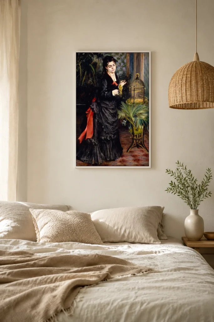 Framed print of Woman with Parrot hanging on a wall in a furnished room