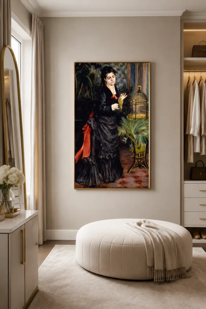 Framed print of Woman with Parrot hanging on a wall in a furnished room