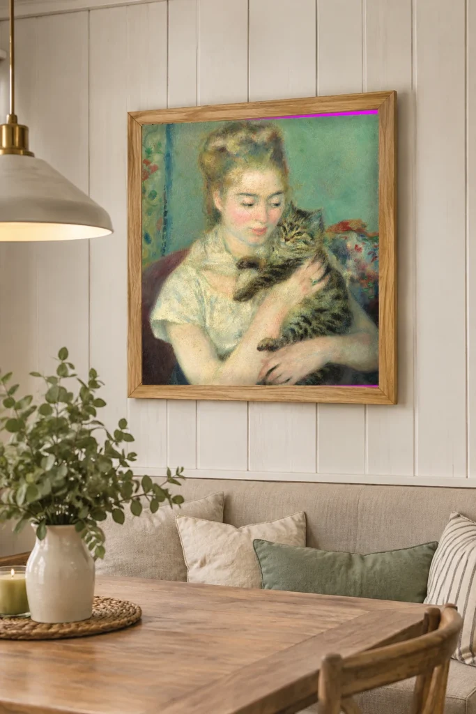 Framed print of Woman with a Cat hanging on a wall in a furnished room