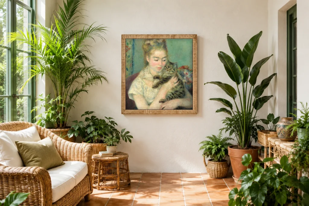 Framed print of Woman with a Cat hanging on a wall in a furnished room