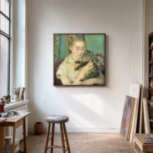 Framed print of Woman with a Cat hanging on a wall in a furnished room