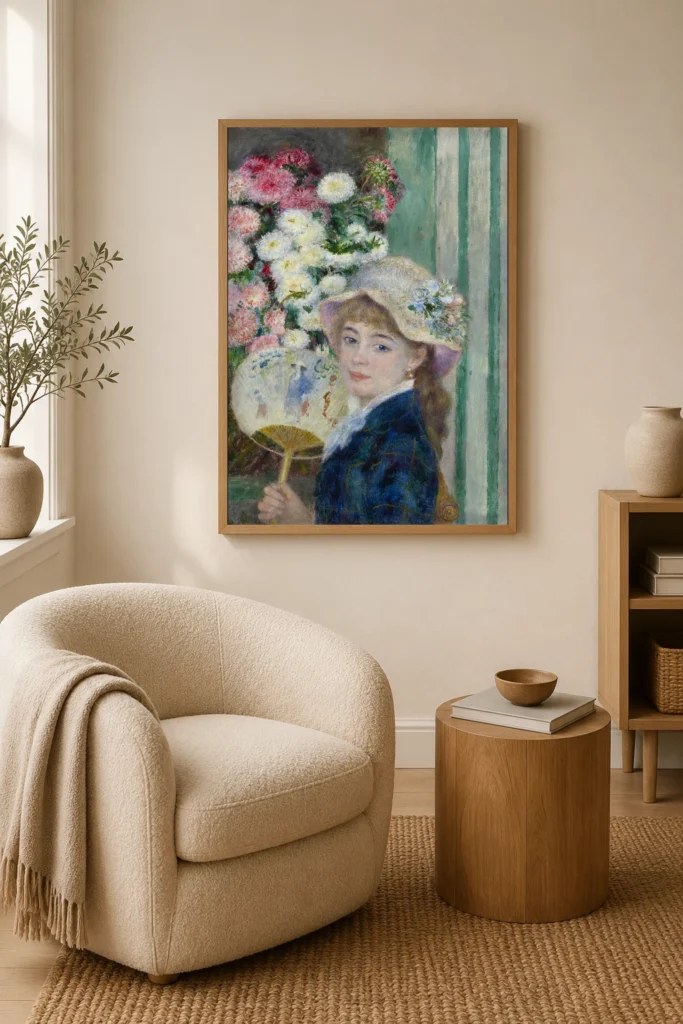 Framed print of Woman with a Fan hanging on a wall in a furnished room