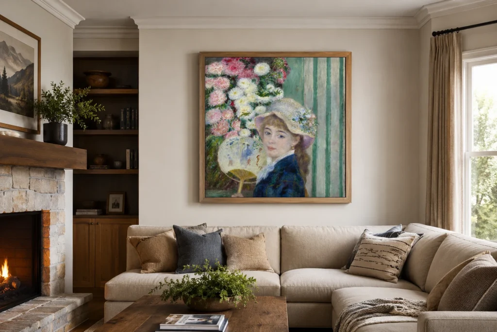 Framed print of Woman with a Fan hanging on a wall in a furnished room