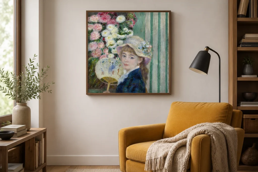 Framed print of Woman with a Fan hanging on a wall in a furnished room