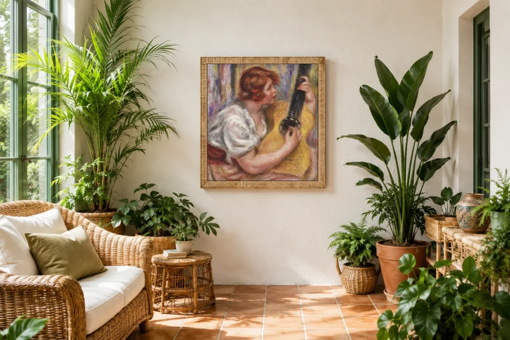 Framed print of Woman with a Guitar hanging on a wall in a furnished room