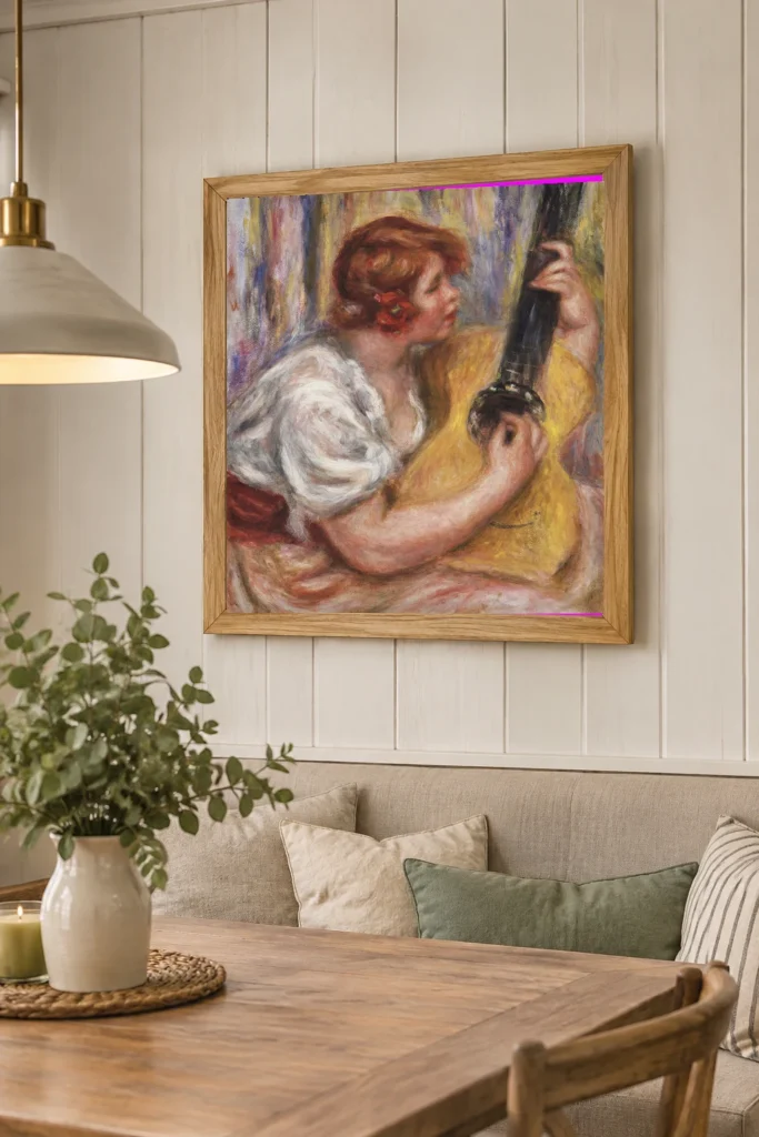 Framed print of Woman with a Guitar hanging on a wall in a furnished room