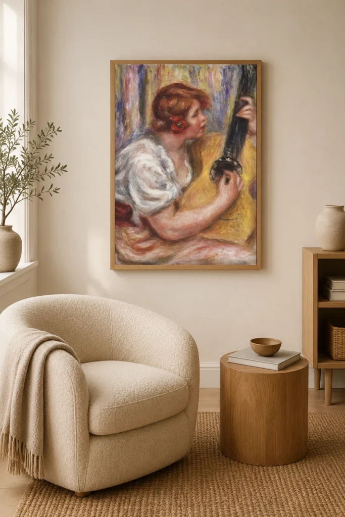 Framed print of Woman with a Guitar hanging on a wall in a furnished room