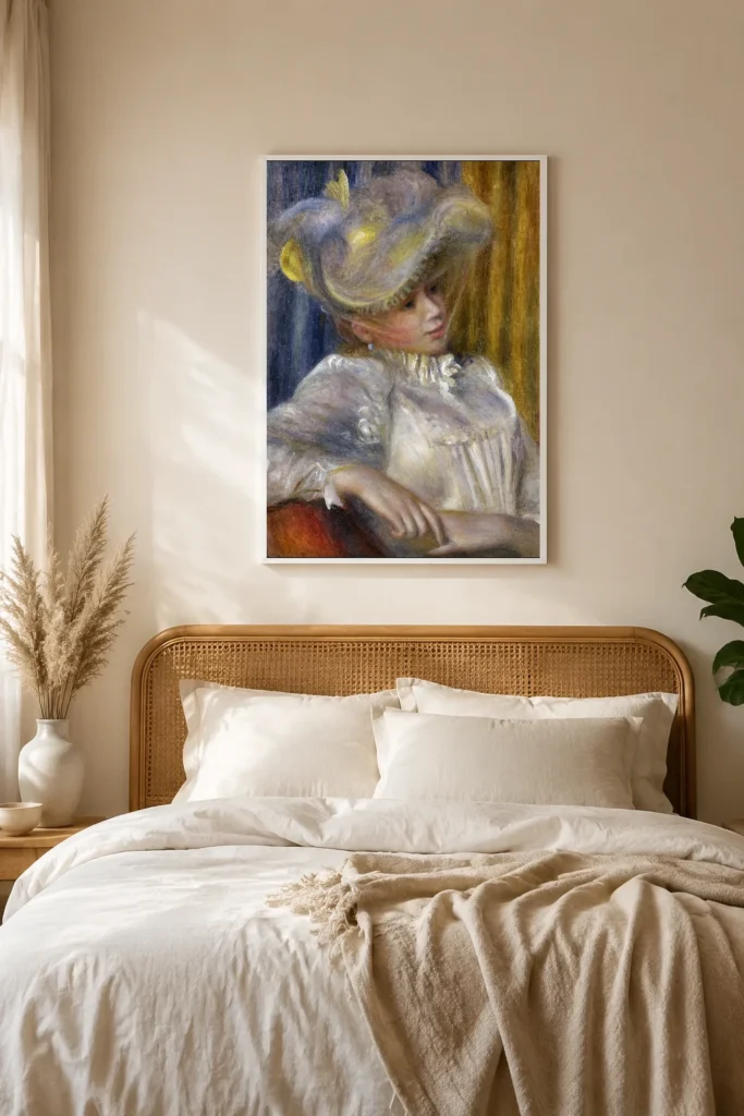 Framed print of Woman with a Hat hanging on a wall in a furnished room