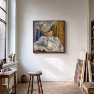 Framed print of Woman with a Hat hanging on a wall in a furnished room