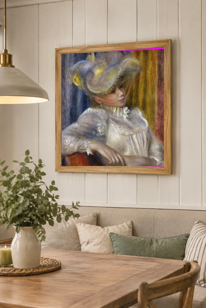 Framed print of Woman with a Hat hanging on a wall in a furnished room