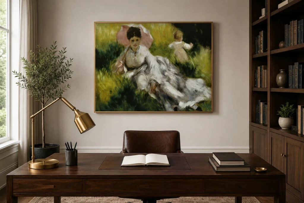 Framed print of Woman with a Parasol and Small Child on a Sunlit Hillside hanging on a wall in a furnished room