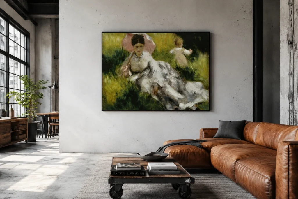 Framed print of Woman with a Parasol and Small Child on a Sunlit Hillside hanging on a wall in a furnished room