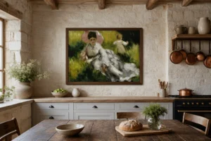 Framed print of Woman with a Parasol and Small Child on a Sunlit Hillside hanging on a wall in a furnished room
