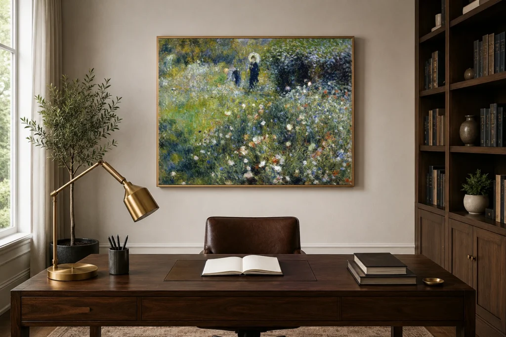 Framed print of Woman with a Parasol in a Garden hanging on a wall in a furnished room