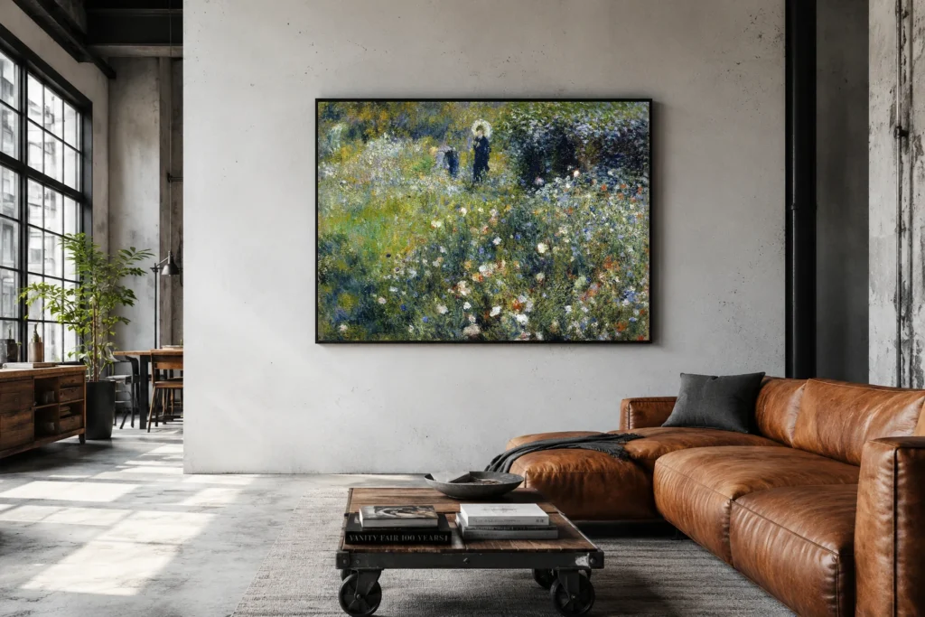 Framed print of Woman with a Parasol in a Garden hanging on a wall in a furnished room