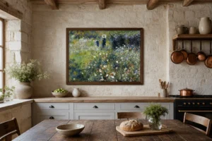 Framed print of Woman with a Parasol in a Garden hanging on a wall in a furnished room