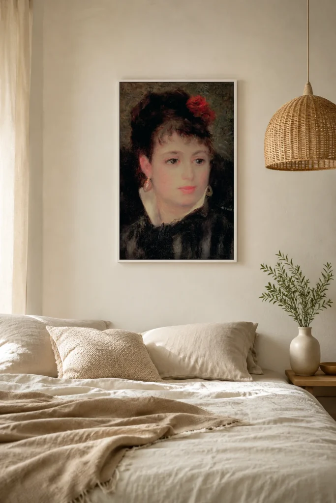 Framed print of Woman with rose in her hair hanging on a wall in a furnished room