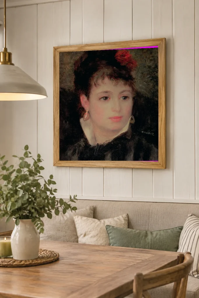 Framed print of Woman with rose in her hair hanging on a wall in a furnished room