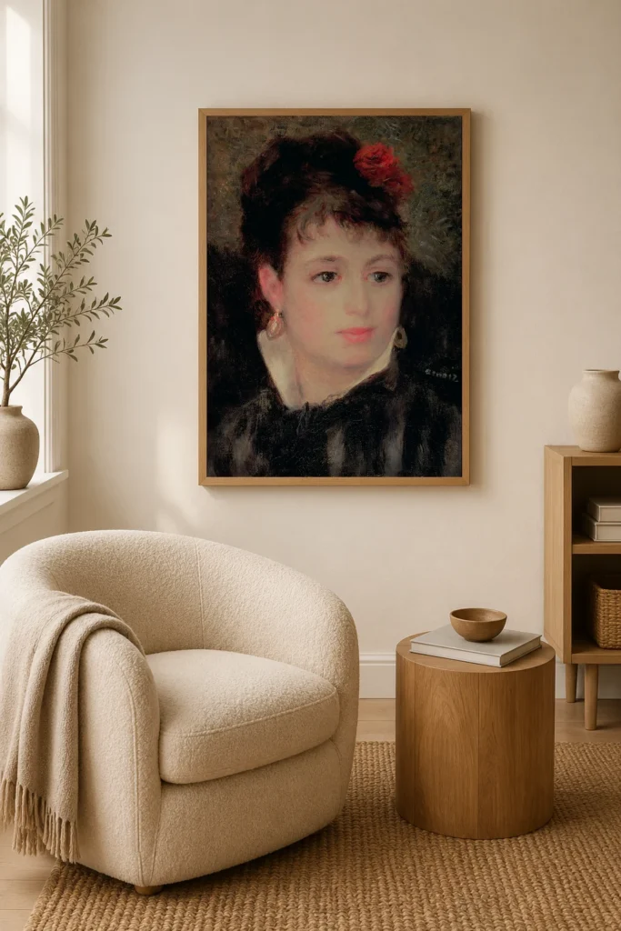 Framed print of Woman with rose in her hair hanging on a wall in a furnished room