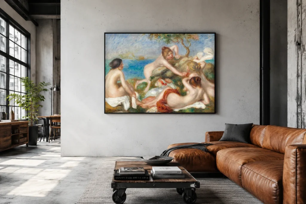 Framed print of Bathers with Crab hanging on a wall in a furnished room