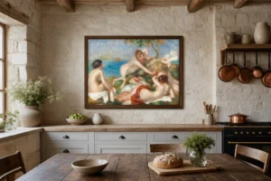 Framed print of Bathers with Crab hanging on a wall in a furnished room