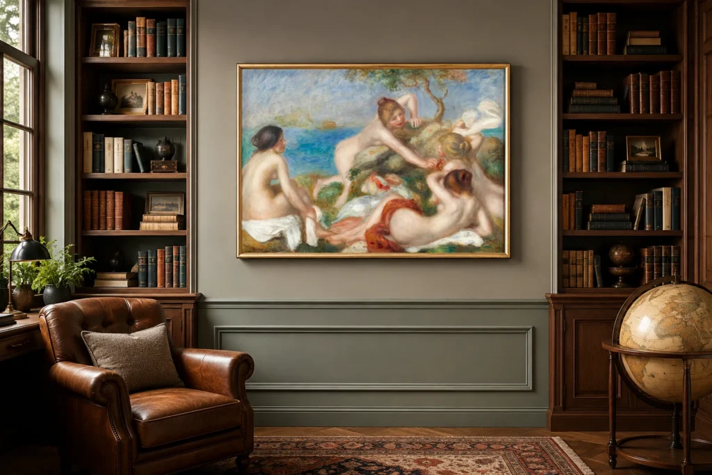 Framed print of Bathers with Crab hanging on a wall in a furnished room