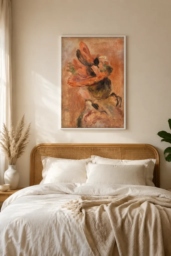 Framed print of Woman’s Head with Red Hat hanging on a wall in a furnished room