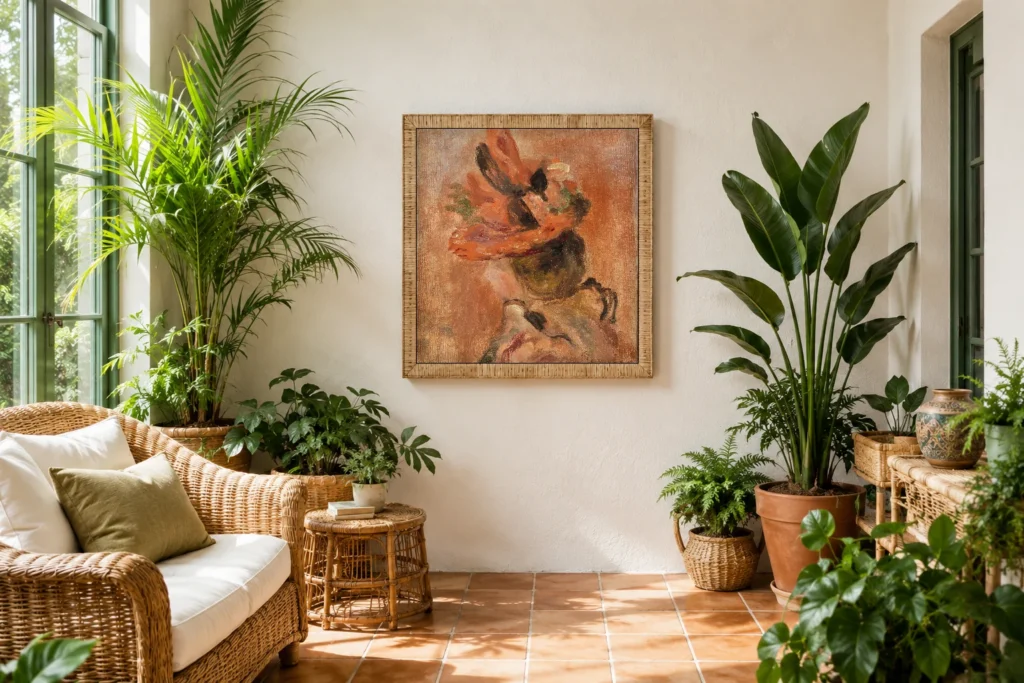Framed print of Woman’s Head with Red Hat hanging on a wall in a furnished room