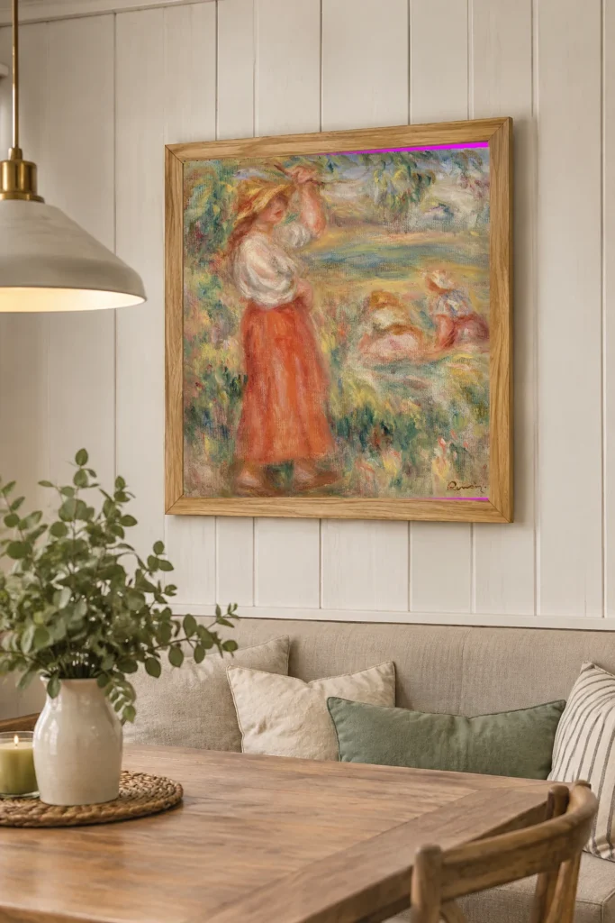 Framed print of Women in the Fields (Femmes aux champs) hanging on a wall in a furnished room