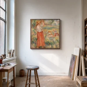 Framed print of Women in the Fields (Femmes aux champs) hanging on a wall in a furnished room