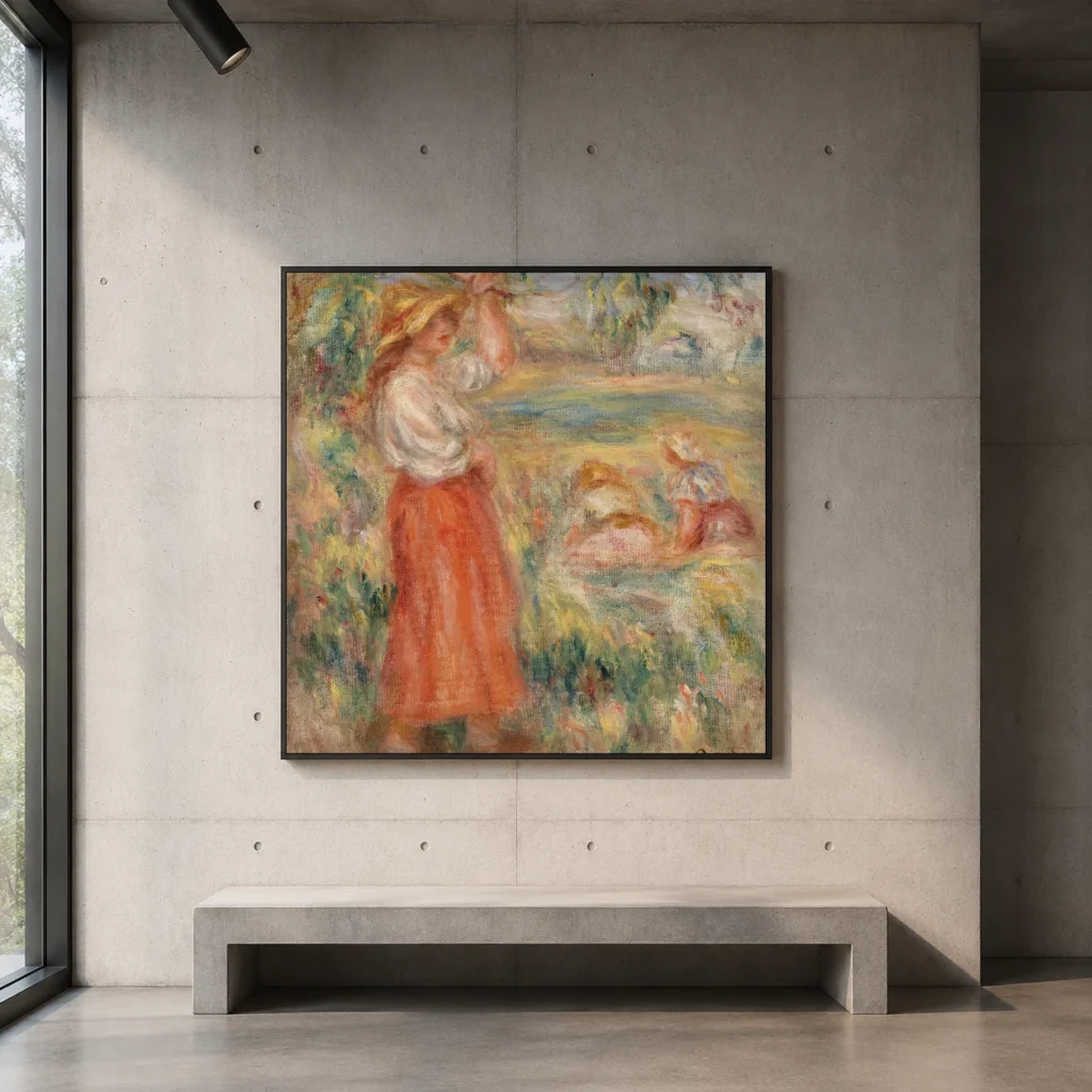 Framed print of Women in the Fields (Femmes aux champs) hanging on a wall in a furnished room