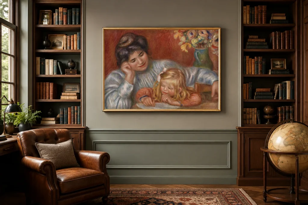 Framed print of Writing Lesson (La Leçon d’écriture) hanging on a wall in a furnished room