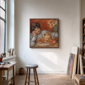Framed print of Writing Lesson (La Leçon d’écriture) hanging on a wall in a furnished room