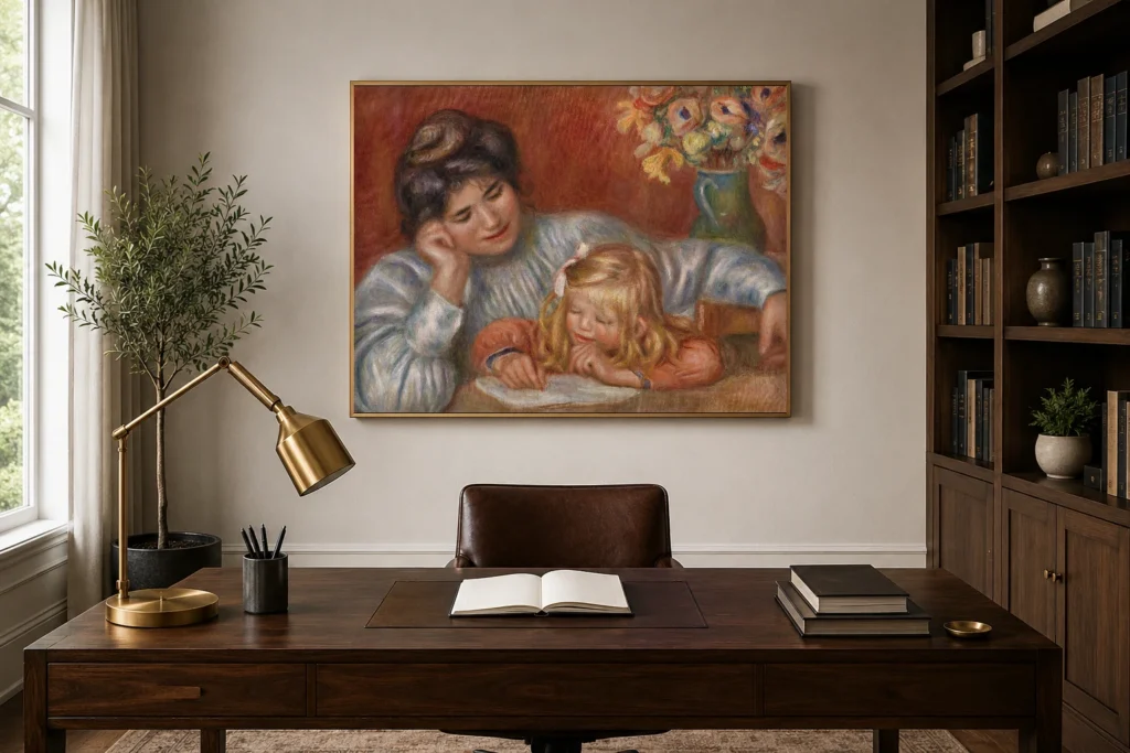 Framed print of Writing Lesson (La Leçon d’écriture) hanging on a wall in a furnished room