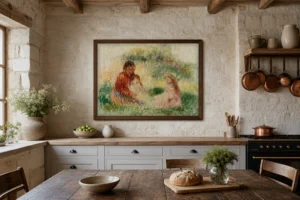 Framed print of Young Family (La Jeune famille) hanging on a wall in a furnished room