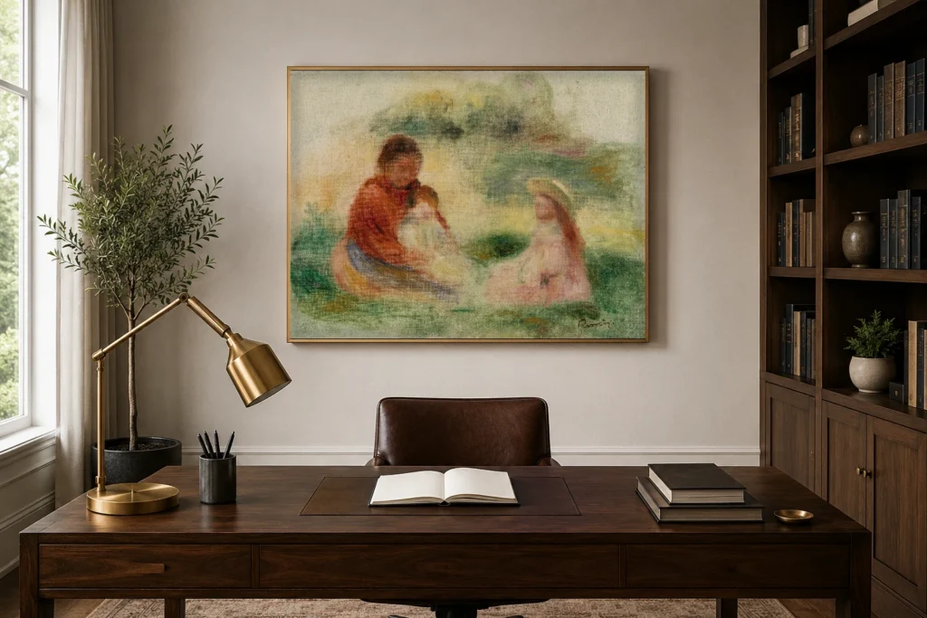 Framed print of Young Family (La Jeune famille) hanging on a wall in a furnished room