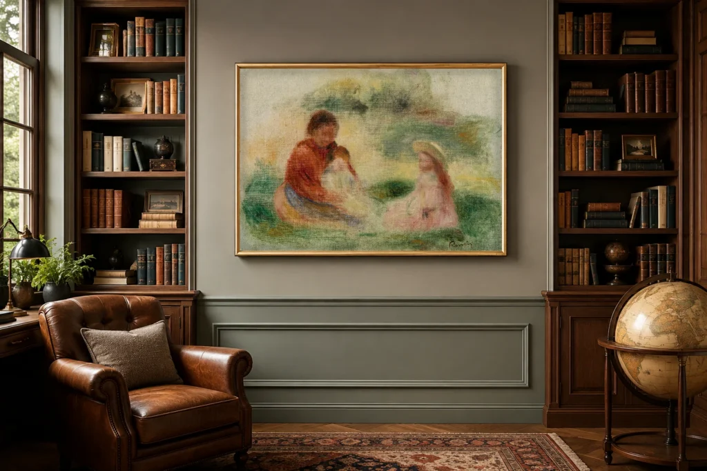 Framed print of Young Family (La Jeune famille) hanging on a wall in a furnished room