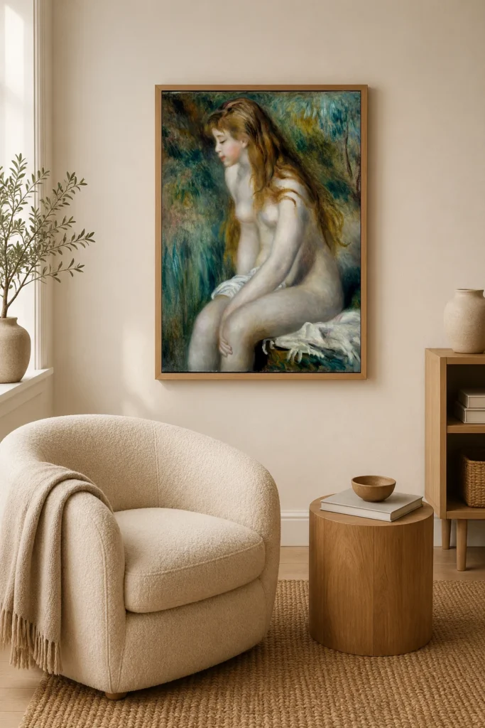 Framed print of Young Girl Bathing hanging on a wall in a furnished room